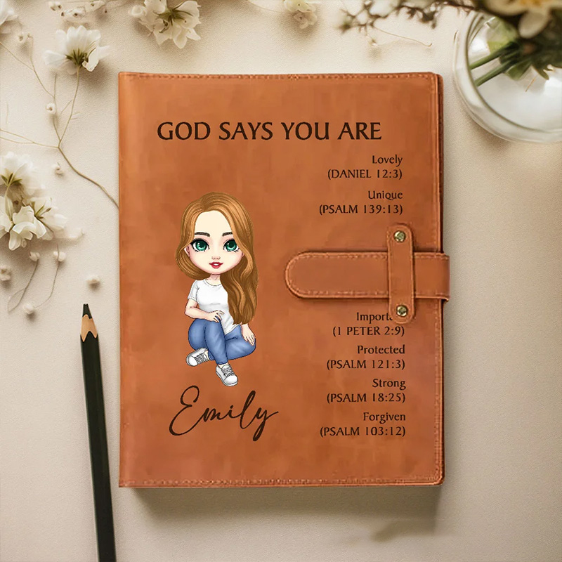 Personalized God Says You Are Cartoon Character A5 Leather Notebook Cover with Name Birthday Baptism Gift for Christian