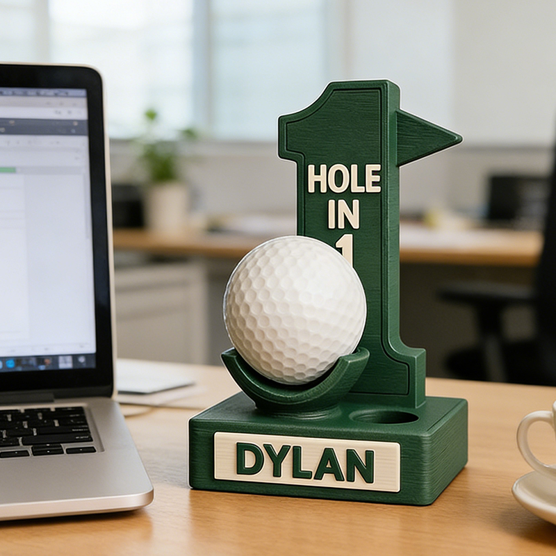 Personalized 3D Printed Hole-in-One Golf Ball Display Stand with Custom Name for Golf Enthusiasts