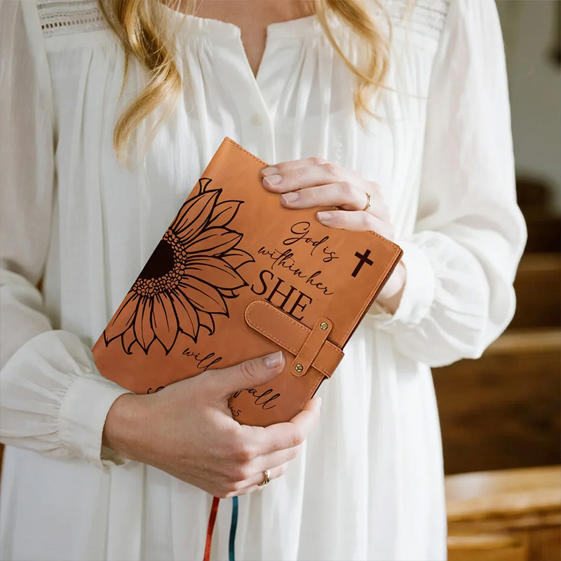Personalized Bible Verse Sunflower Portable A5 PU Leather Notebook Cover with Text and Pocket Birthday Inspirational Gift for Women