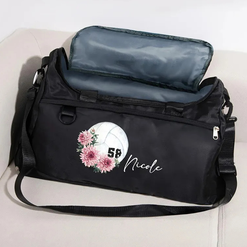 Personalized Volleyball Birth Flower Large Sport Duffle Bag with Shoe Compartment and Shoulder Strap Birthday Team Gift for Women Volleyball Lovers