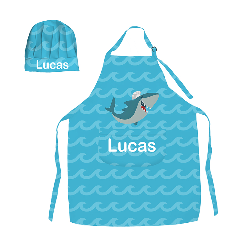 Personalized Cute Whale and Shark Adjustable Kids Apron Chef Hat Set with Name for Cooking Birthday Gift for Boys