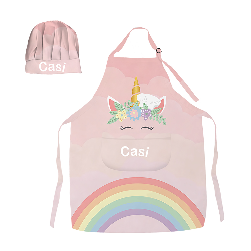 Personalized Colorful Gradient Cartoon Print Adjustable Kids Apron Set with Name and Pocket for Cooking Crafts Holiday Gift for Girls