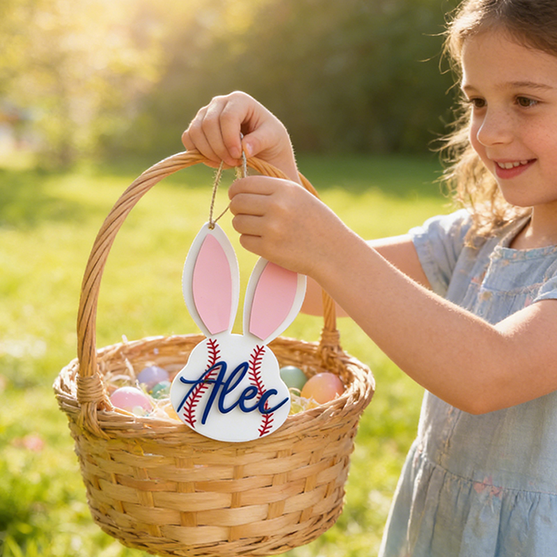 Personalized Baseball Easter Basket Tag Custom Name Bunny Label Gift for Kids on Easter Day