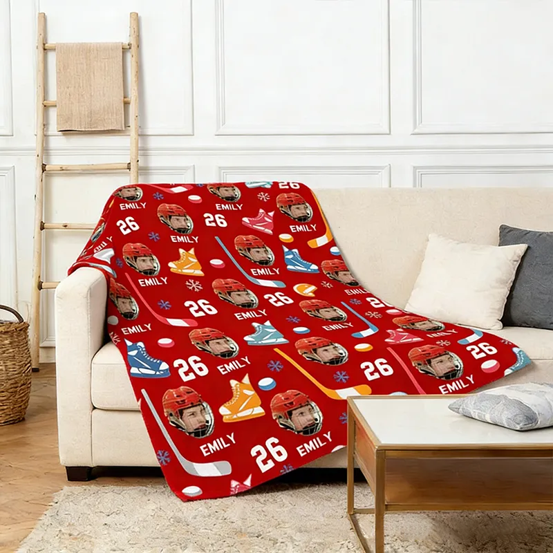 Personalized Ice Hockey Blanket with Custom Photo, Name, and Number Design