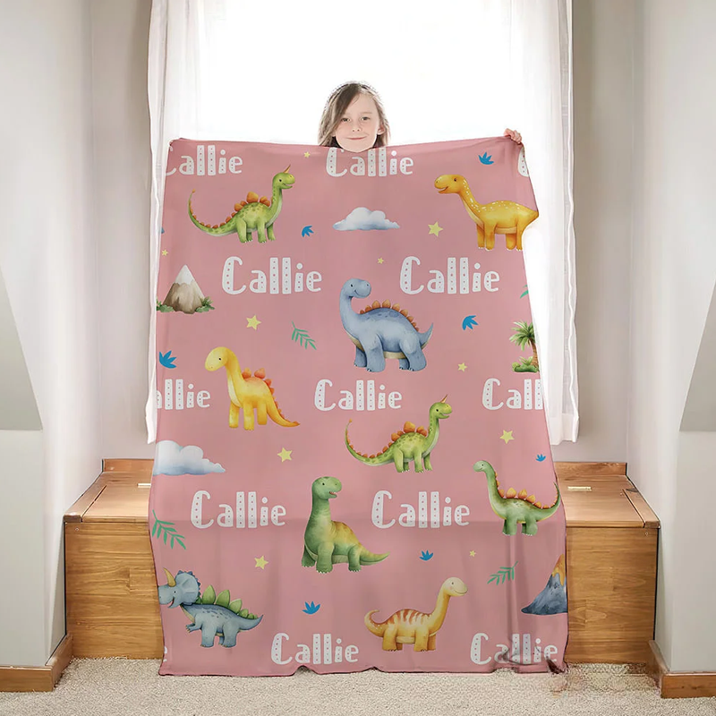 Personalized Dinosaur Themed Soft Throw Blanket with Name Birthday Baby Shower Back To School Gift for Boys Girls