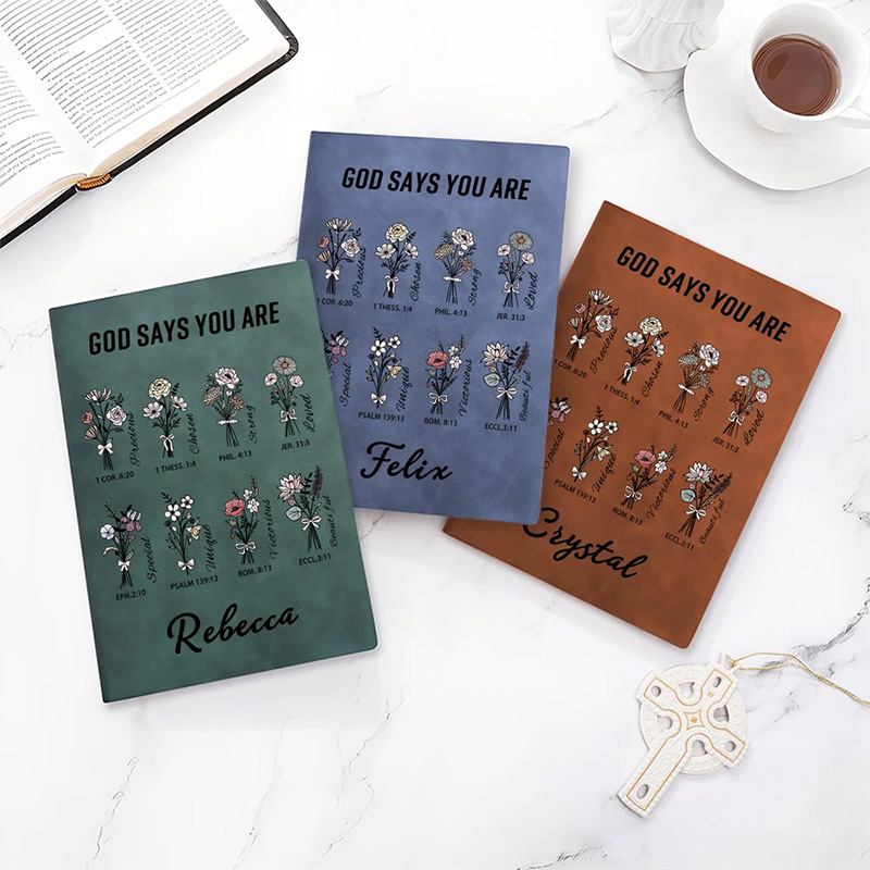 Personalized Bible Verse Birth Flower Leather A5 Journal Notebook with Name Birthday Baptism Gift for Christians Friends