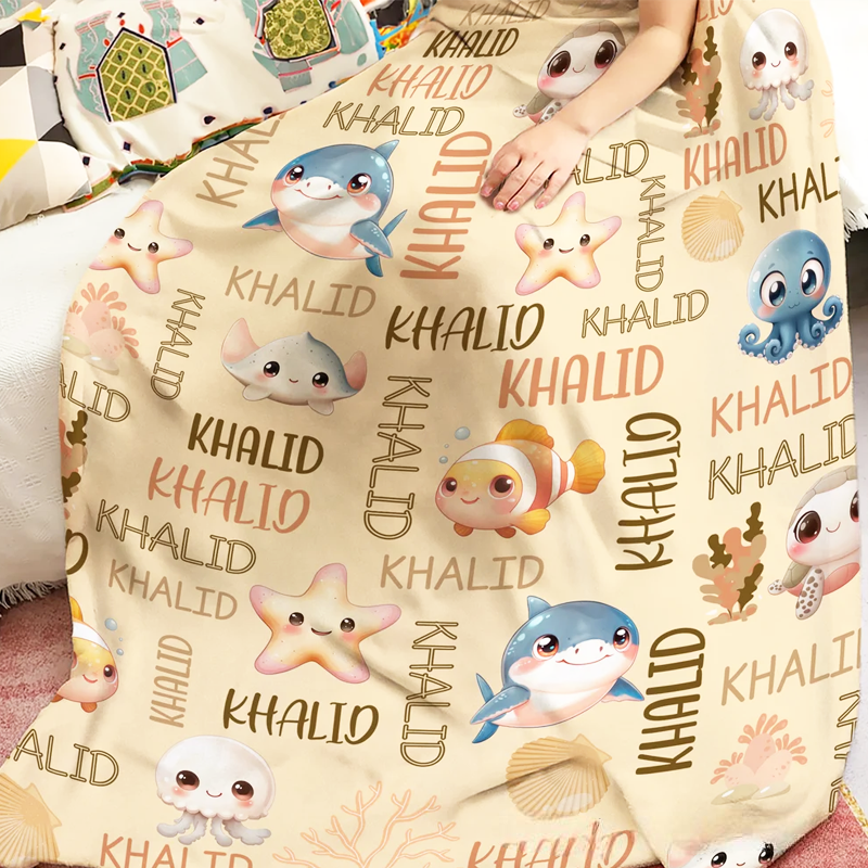 Personalized Cute Marine Animals Design Soft Throw Blanket with Name Home Decor Birthday Christmas Gift for Boys Girls