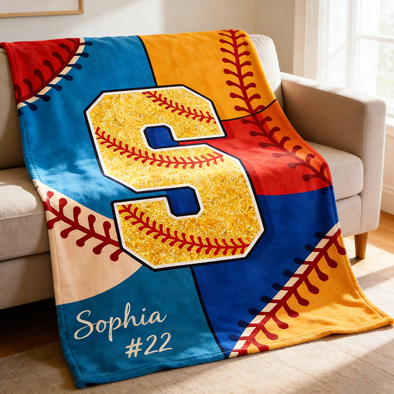 Personalized Glitter Softball Blanket with Name and Number for Baseball Girls
