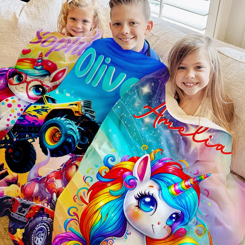 Personalized Soft Blanket with Name for Kids Monster Trucks Dinosaurs Dream Horse Birthday Gift for Children