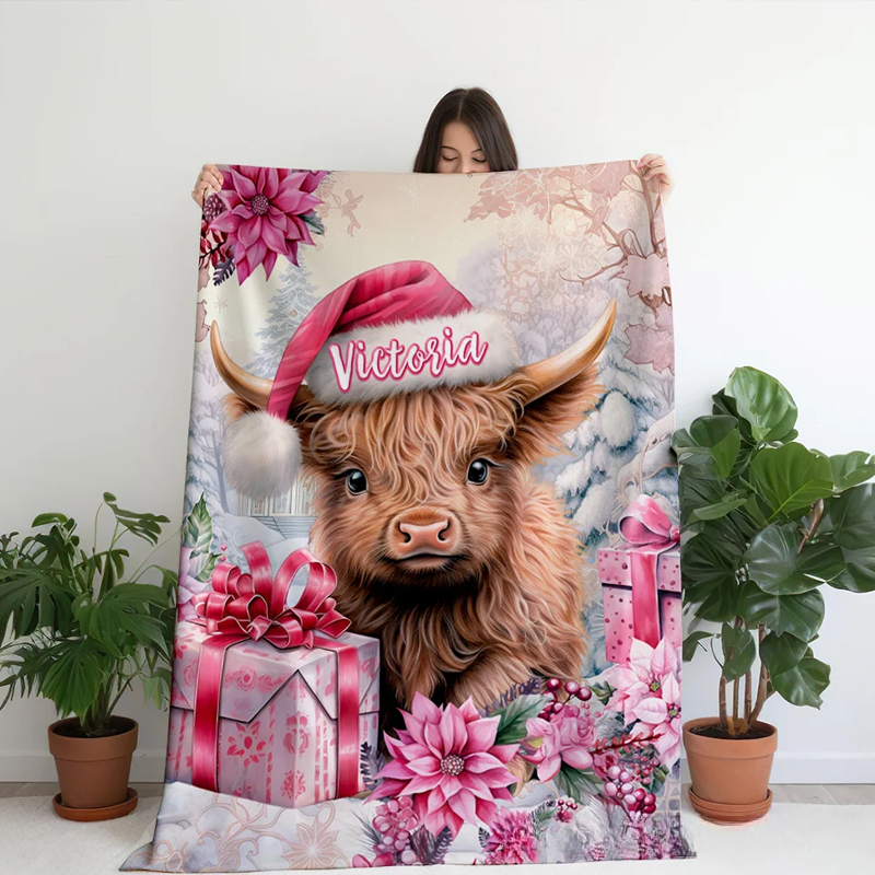 Personalized Pink Floral Highland Cow Blanket with Name Christmas Gift for Highland Cow Lover