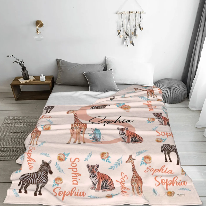Personalized Cute Jungle Animal Soft Throw Blanket with Name Baby Shower Christmas Gift for Boys Girls