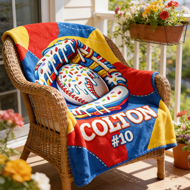 Personalized Baseball Blanket with Fun Ice Cream Drip Design for Baseball Enthusiasts