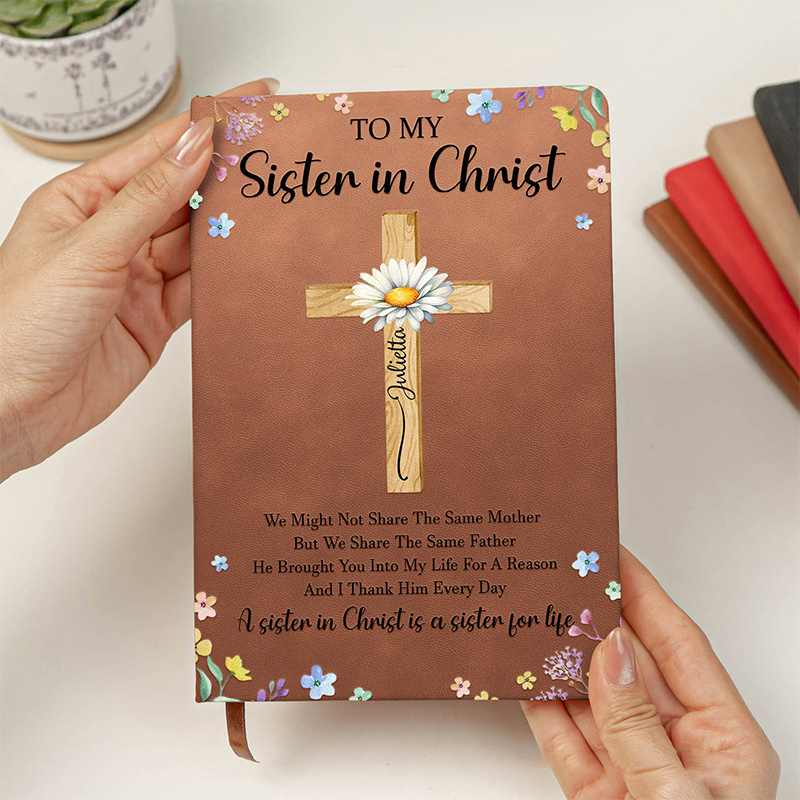 Personalized to My Sister in Christ Cross Prayer Journal Leather A5 Notebook with Name & Birth Flower Birthday Religious Gift for Women Christian
