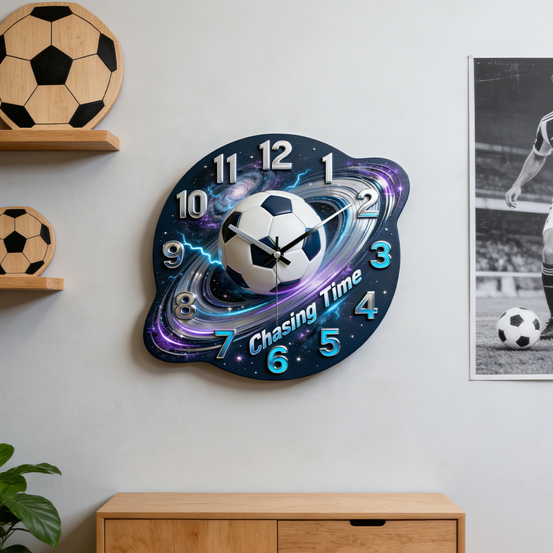 Personalized Galaxy Soccer Clock with Custom Text and Dynamic Design for Sports Lovers 