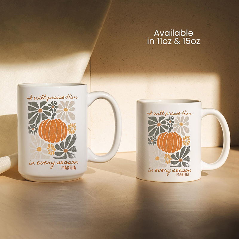 Personalized Boho Fall Mug Pumpkin Psalm Bible Verse Ceramic Mug with Name Floral Thanksgiving Coffee Cup Fall Host Gift Christian Thanksgiving Gift