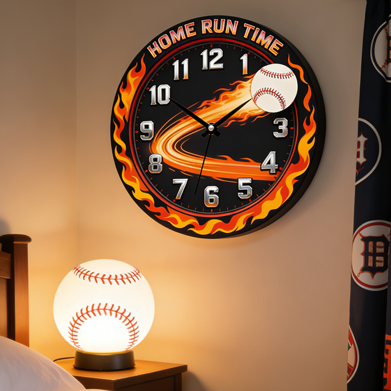 Personalized Home Run Time Clock with Fiery Baseball Design for Baseball Enthusiasts