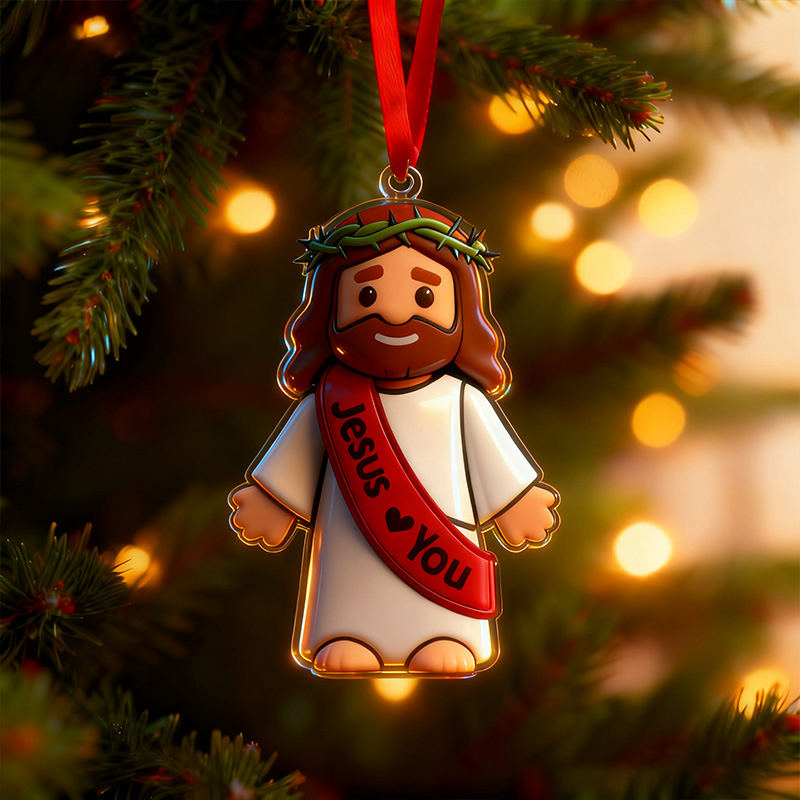 Personalized Cute Jesus Acrylic Ornament with Sash Jesus Love You Custom Name Holiday Tree Decor Religious Gift for Kids Christian Gift for Christmas