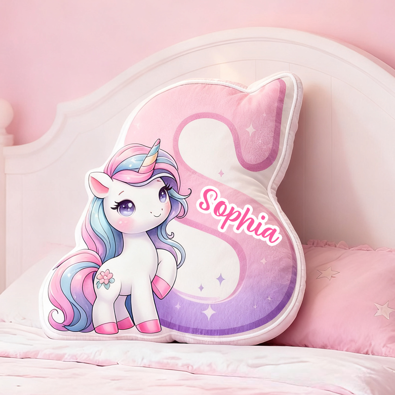 Personalized Cartoon Cute Pink Dream Horse Initials with Name Graphic 3D Print Pillow Christmas Gift for Kids 