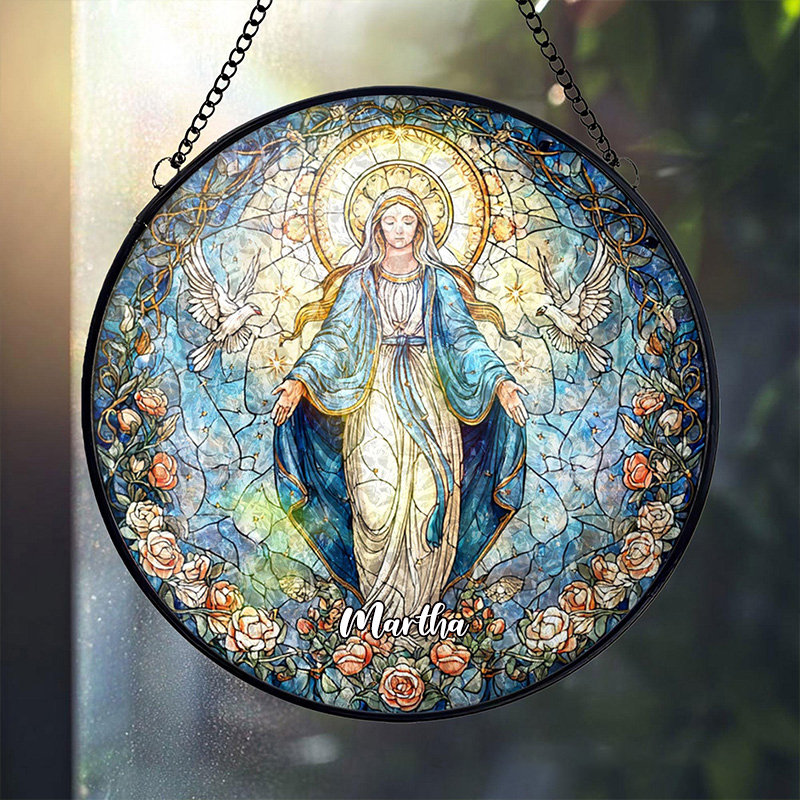 Personalized Virgin Mary Stained Glass Suncatcher Ornament with Name Our Lady of Grace Round Window Hanging Blue Rose Halo Home Decor Catholic Gift
