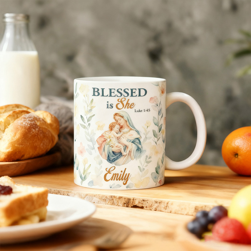 Personalized Blessed is She 11oz 15oz Ceramic Mug with Name Virgin Mary holding Baby Jesus Coffee Mug Watercolor Floral Cup Religious Gift for Her