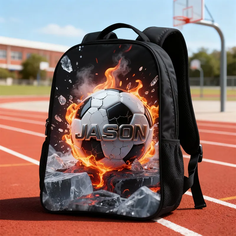 Personalized Soccer Backpack with Fiery Design and Custom Name for Kids and Soccer Lovers Black to School Gift 