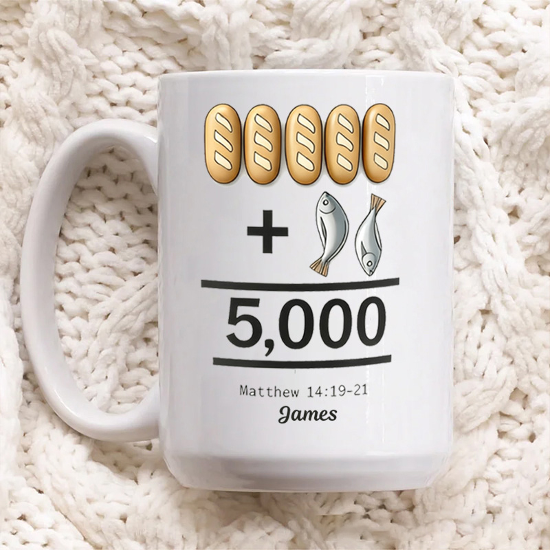 Personalized Five Loaves of Bread and Two Fish Ceramic Mug with Name Jesus Encouragement Coffee Mug Religious Christian Gift