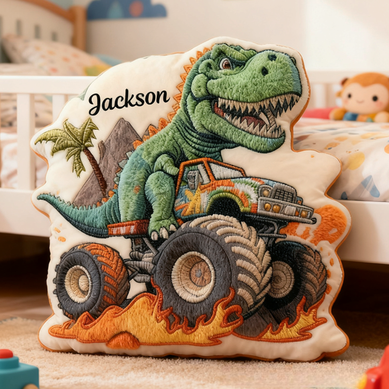 Personalized Dinosaurs Driving Trucks with Name Graphic 3D Print Pillow Christmas Gift for Kids Birthday Gift