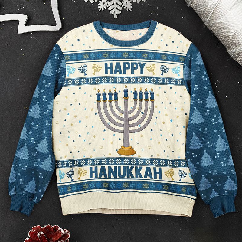 Personalized Happy Hannukah Ugly Sweater Menorah Dreidel Star of David Ugly Sweater Religious Gift Happy Hannukah Gift