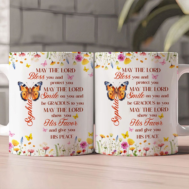 Personalized May The Lord Bless You 11oz 15oz Ceramic Mug with Birth Butterfly and Name Floral Butterfly Coffee Mug Religious Christian Gift for Her