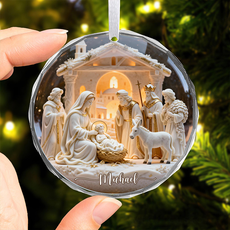 Personalized Nativitys Scene Christmas Round Shaped Glass Ornament with Name Tree Decor Regilious Decor Gift Christmas Gift for Christian Xmas Gift