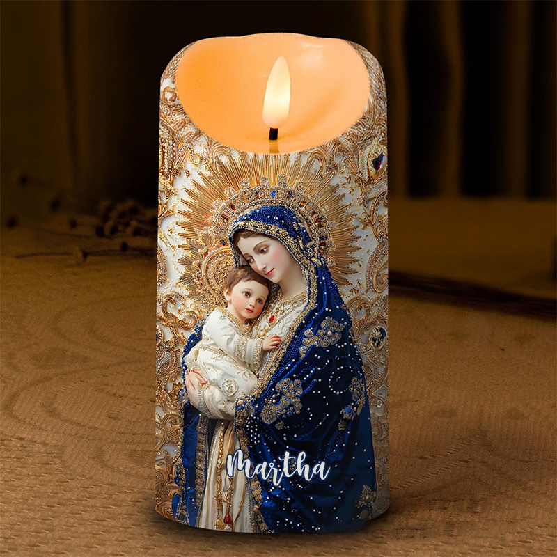 Personalized Virgin Mary and Baby Jesus LED Candle with Name Christian Home Decor Blessed Mother Candle Religious Prayer Candle Catholic Gift for Her