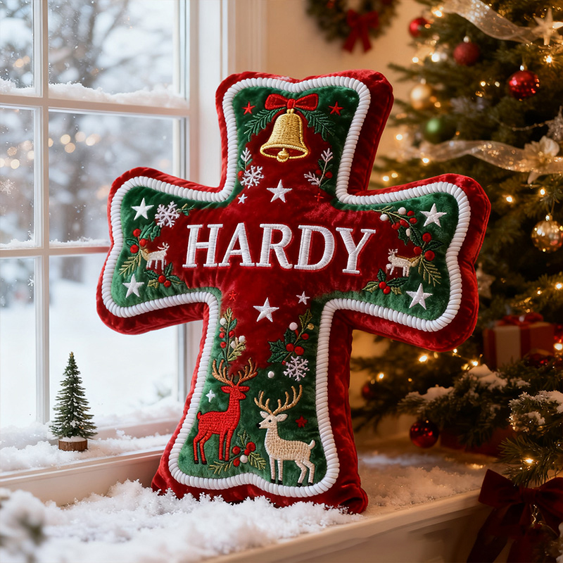 Personalized Christmas Cross Pillow with Custom Name Haliday Home Decor Gold Bell Snowflake Star Reindeer Graphic 3D Print Christian Gift for Xmas