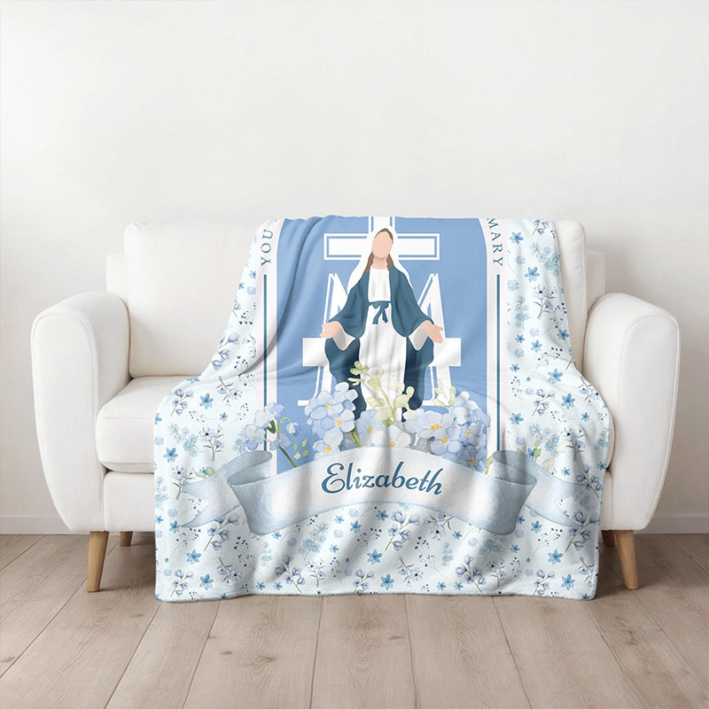 Personalized You are Forever Protected by Mary Soft Throw Blanket with Name Blue White Floral Marian Catholic Plush Blanket Religious Baptism Gift