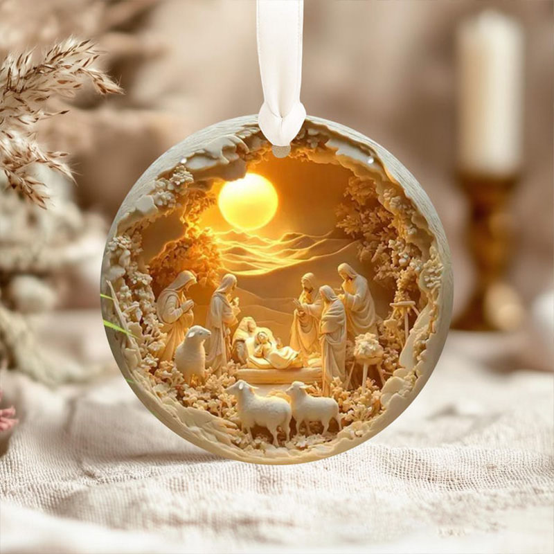Personalized Nativity Scene Ornament with Name Holy Family Christmas Keepsake Gift 3DEffect Flat Ornament Not Glass Globe Religious Gift for Christmas