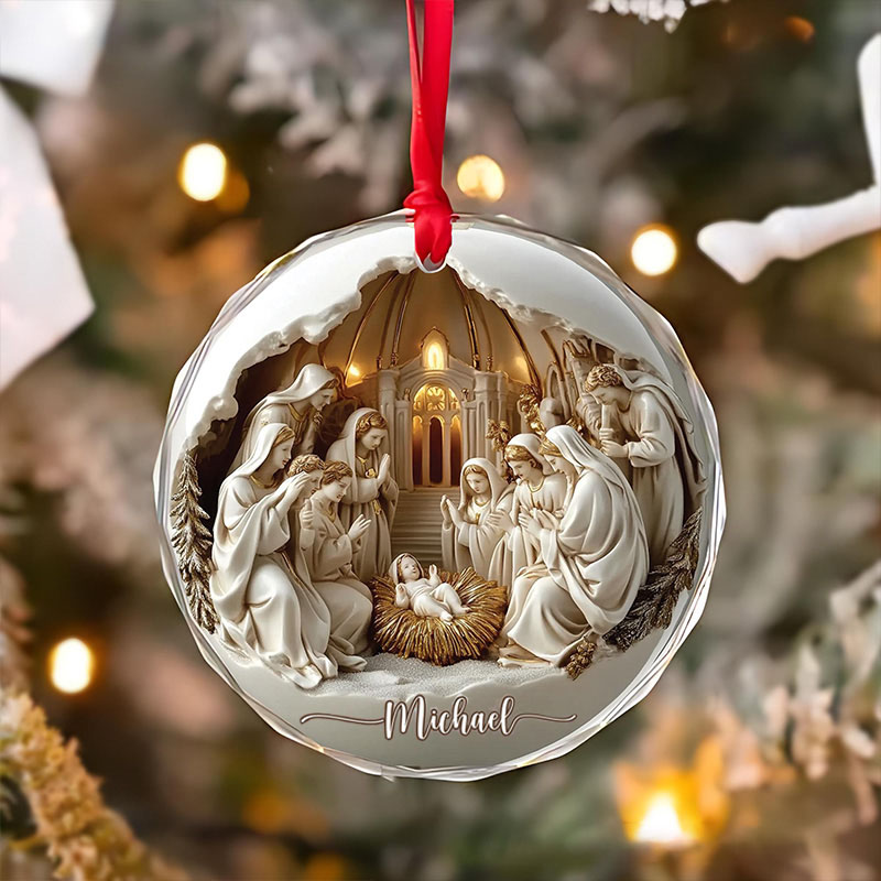 Personalized Nativitys Scene Christmas Round Heart Shaped Glass Ornament with Custom Name Regilious Christmas Tree Decor Christian for Christmas Gift