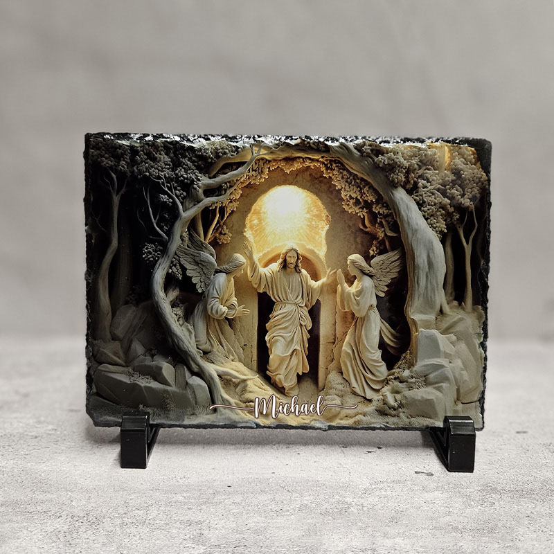 Personalized Jesus Rising Tomb Slate Plaque with Custom Name Easter Decor with Angels Christian Holiday Garden Stone Easter Gift