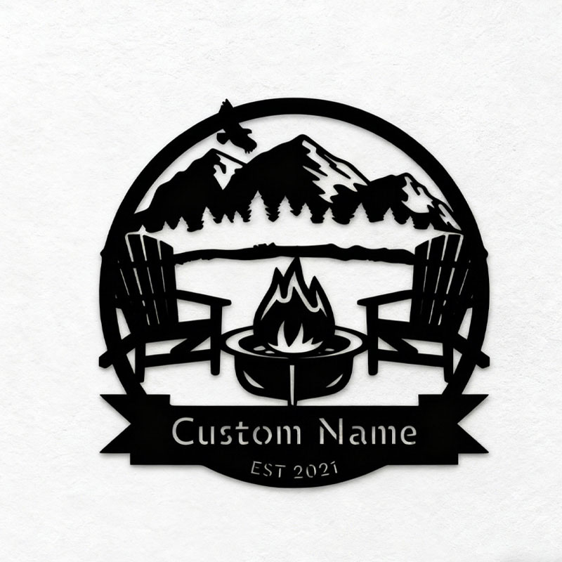 Personalized Campsite Mountain Scene Monogram Custom Metal Name Sign Outdoor Decor Camping Established Sign Metal Wall Art