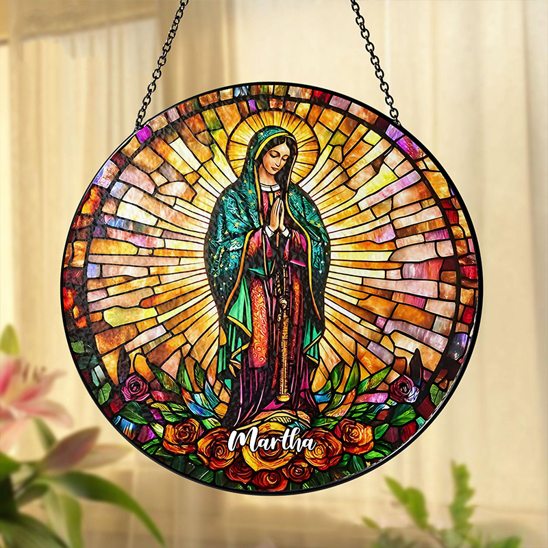 Personalized Our Lady of Guadalupe Stained Glass Suncatcher Ornament with Name Window Hanging Decor Virgin Mary Faux Stained Glass Art Catholic Gift