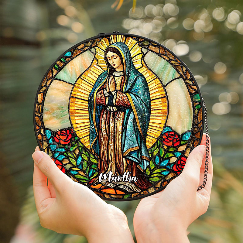 Personalized Our Lady of Guadalupe Stained Glass Suncatcher Ornament with Name Window Hanging Decor Virgin Mary Art Religious Gift Catholic Gift