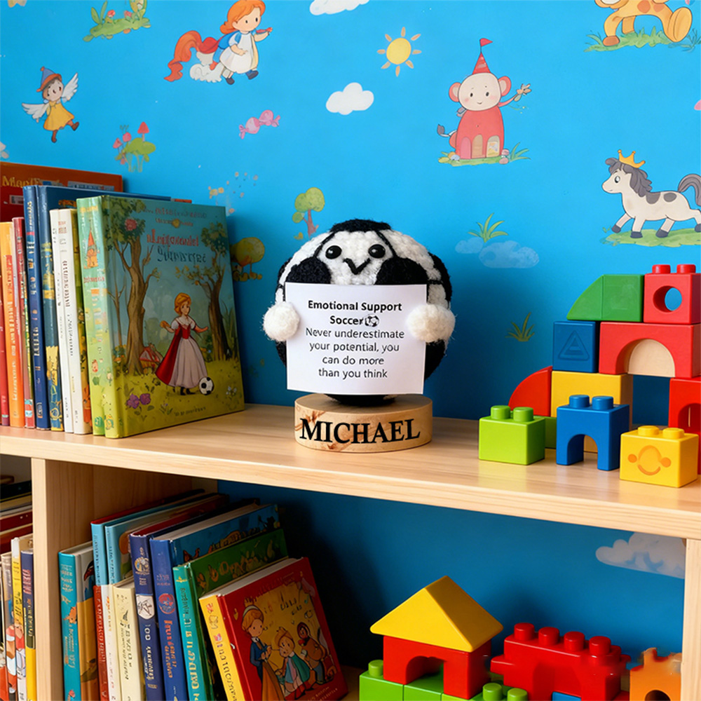 Personalized Crochet Soccer Ball Plush with Custom Name and Encouraging Quote Cheer Up Gift For Soccer Ball Team Player