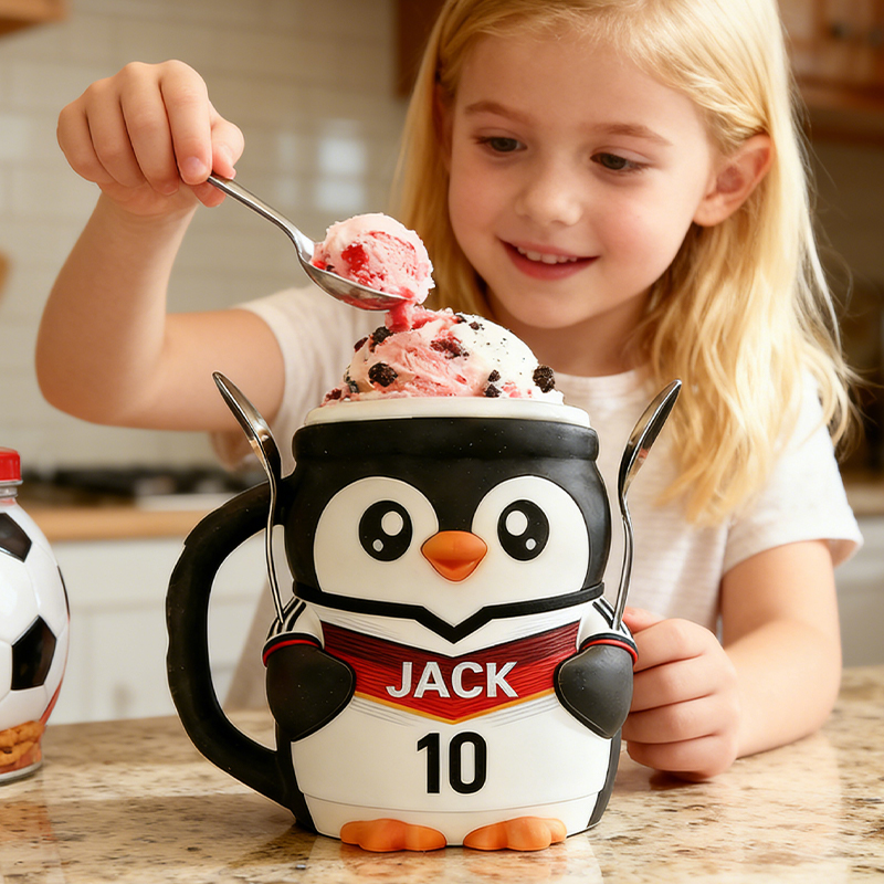 Personalized Soccer World Cup Penguin Ice Cream Pint Holder 3D Printed with Spoon Slots & Snack Drawer with Custom Details for Soccer Fans