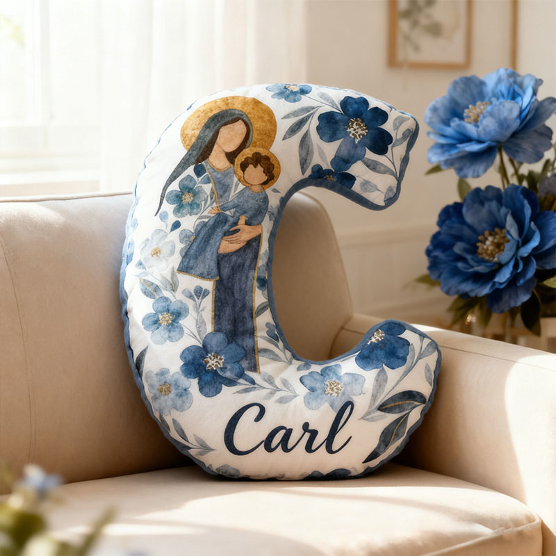 Personalized the Virgin Mary and Baby Jesus Letter Pillow with Custom Name Religious Home Decor Christian Gift Blue Floral Graphic 3D Print Pillow