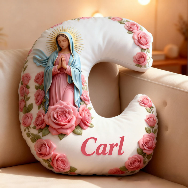 Personalized Virgin of Guadalupe Letter Pillow with Custom Name Religious Home Decor Catholic Prayer Gift for Her Pink Rose Graphic 3D Print Pillow
