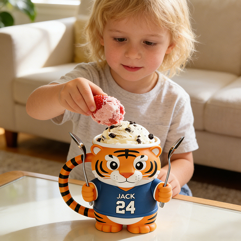 Personalized Tiger Baseball Mascot Ice Cream Pint Holder 3D Printed with Spoon Slots & Snack Drawer Custom Detail for Kids and Baseball Enthusiasts