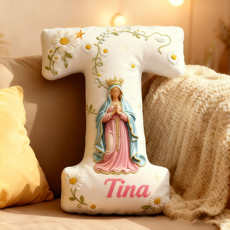 Personalized Virgin Mary Letter Pillow with Custom Name Home Decor Religious Faith Gift Catholic Gift for Her Daisy Floral Graphic 3D Print Pillow