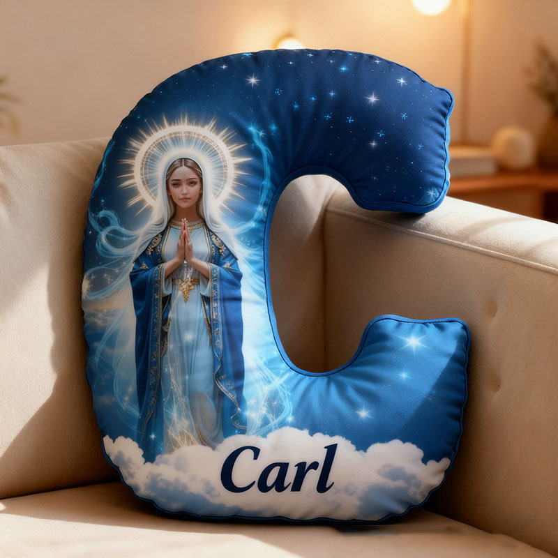 Personalized Virgin Mary Letter Pillow with Custom Name Religious Home Decor Catholic Gift for Pray & Faith Halo and Starry Graphic 3D Print Pillow