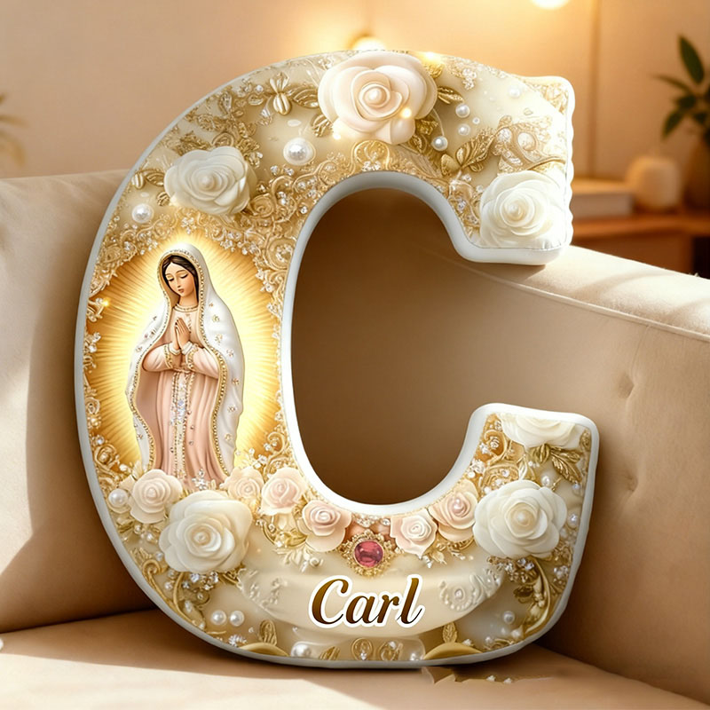 Personalized Virgin Mary Prayer Letter Pillow with Name Catholic Gift for Spiritual Home Decor Our Lady of Guadalupe Pearl White Rose Graphic 3D Print