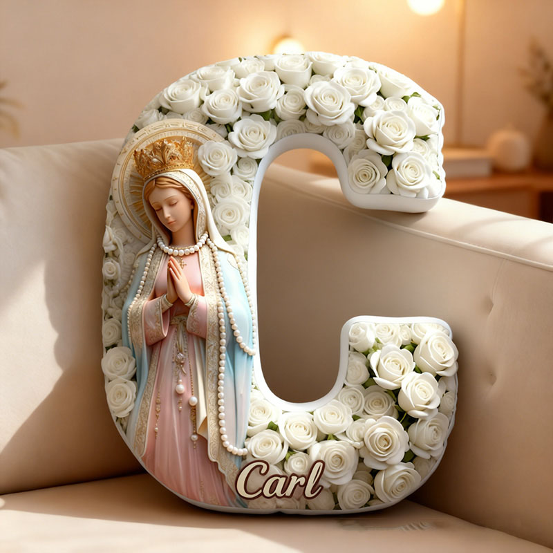 Personalized Virgin Mary Prayer Letter Pillow with Custom Name Faith Home Decor Catholic Gift for Her Golden Crown Pearl White Rose Graphic 3D Print
