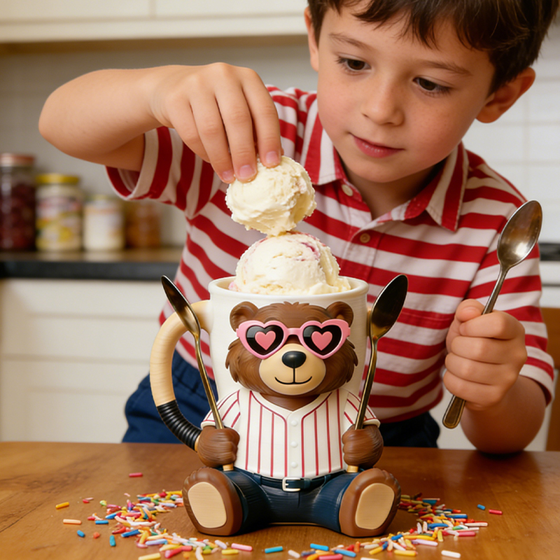 Personalized Baseball Mascot Bear Ice Cream Pint Holder with Adorable Heart Sunglasses 3D Printed with Spoon Slots & Snack Drawer for Baseball and Ice Cream Enthusiasts