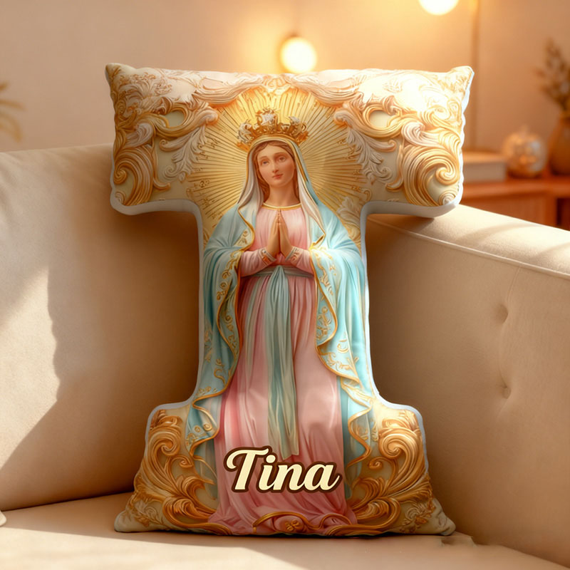 Personalized Virgin Mary Floral Letter Pillow with Custom Name Religious Home Decor Catholic Prayer Gift Our Lady of Guadalupe Blessed Graphic 3DPrint